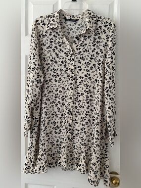 Zara Cream Shirt Dress with Black Leaf Pattern